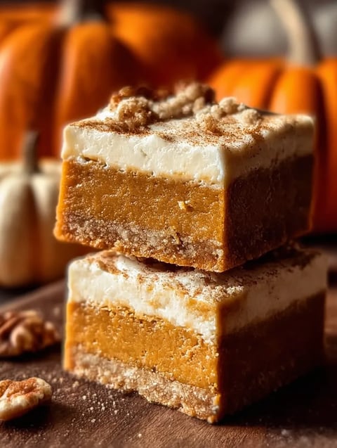Three pieces of cake stacked on a table.