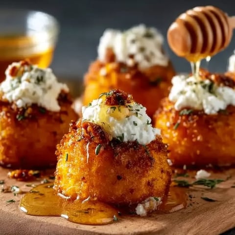 A plate of food with honey drizzled on top.