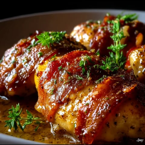 Bacon wrapped chicken with herbs and spices.