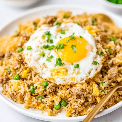 A plate of rice with a fried egg on top.