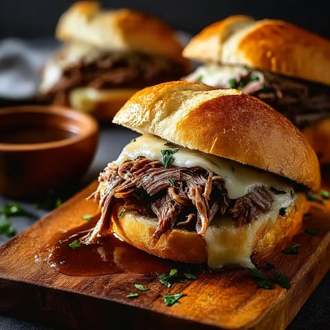 A sandwich with meat and cheese on a wooden cutting board.