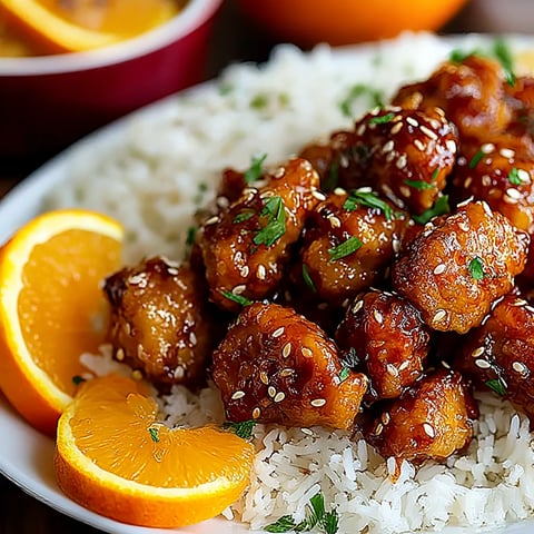 A plate of chicken and rice with a slice of orange on the side.