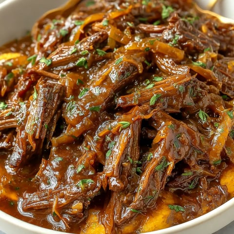 A bowl of beef stew with onions and herbs.