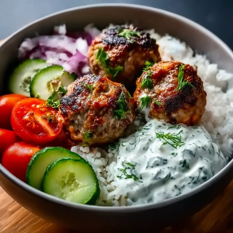 A bowl of food with meatballs and rice.