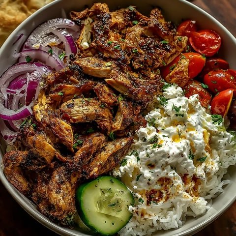 A bowl of food with rice, tomatoes, onions, and meat.