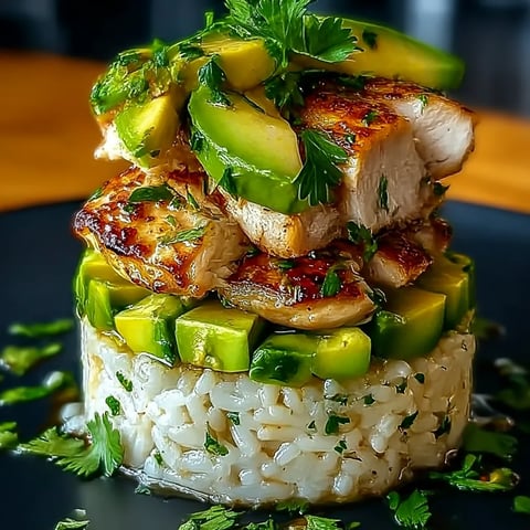 A plate of rice with chicken and avocado on top.