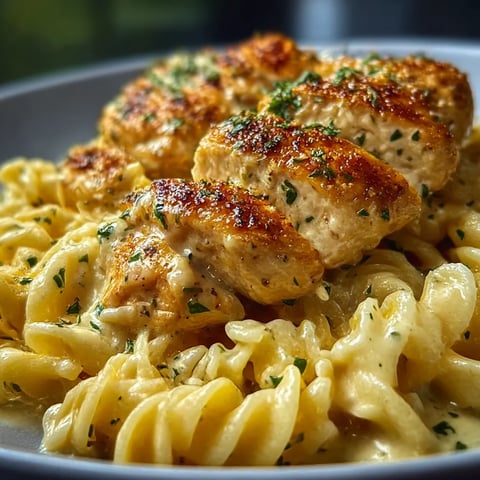 A plate of pasta with chicken on top.