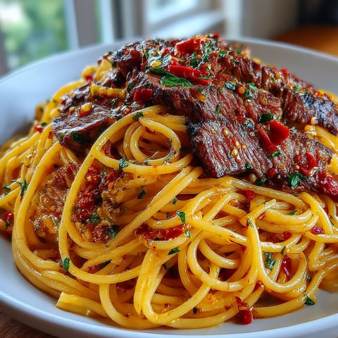 A plate of spaghetti with meat and peppers.
