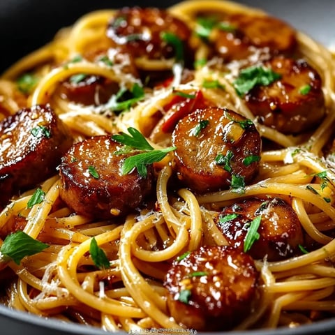 A bowl of spaghetti with meatballs and herbs.