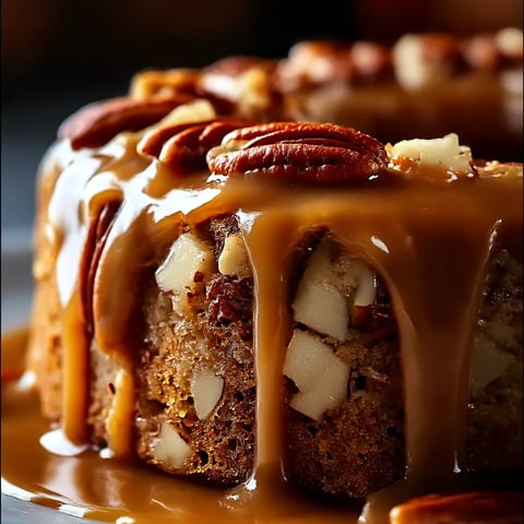 A slice of cake with caramel drizzled on top.