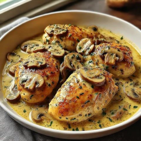 A plate of chicken with mushrooms and herbs.
