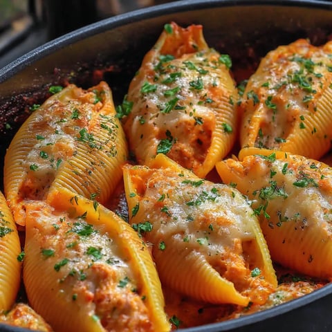 A pan of pasta with cheese and herbs.