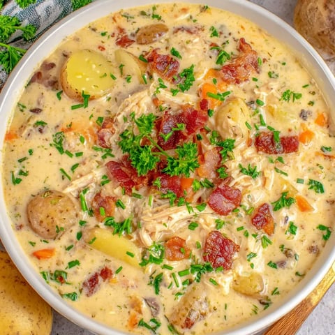 A bowl of soup with bacon and potatoes.