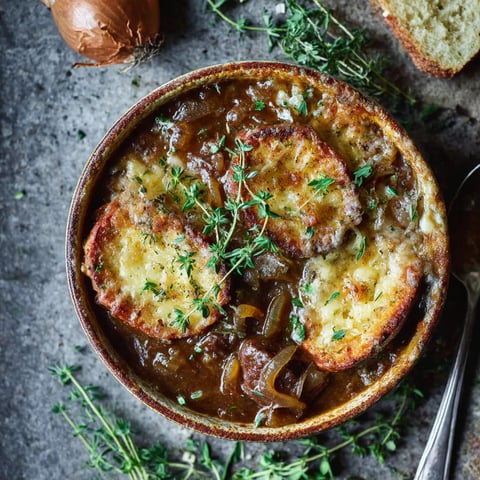 A bowl of soup with onions and bread.