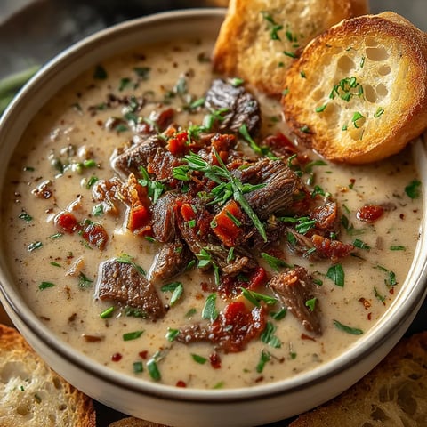 A bowl of soup with bread.