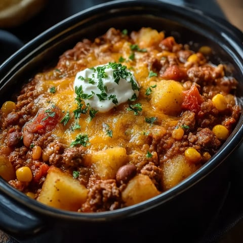 A bowl of chili with a dollop of sour cream on top.