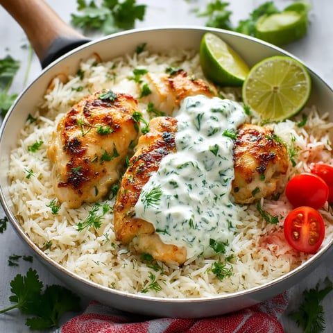 A plate of rice with chicken and lime wedges.