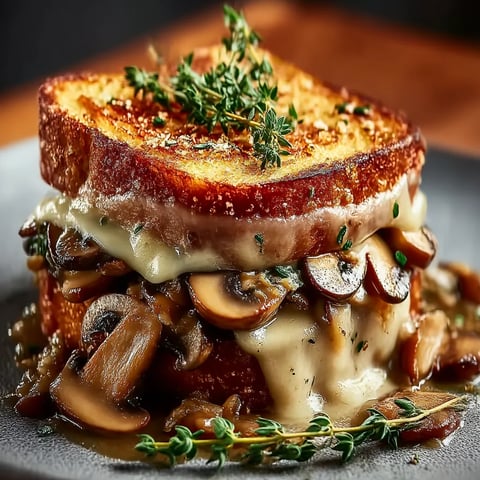 A sandwich with mushrooms and cheese on a plate.