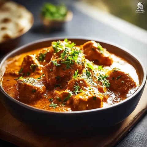 A bowl of chicken curry with garnish.