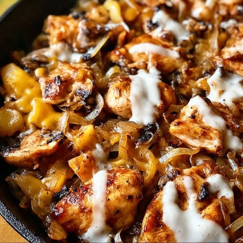 A pan of chicken with onions and cheese.
