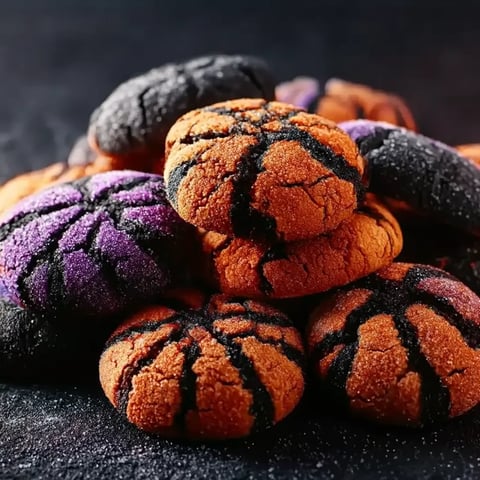 A pile of cookies with black and orange icing.