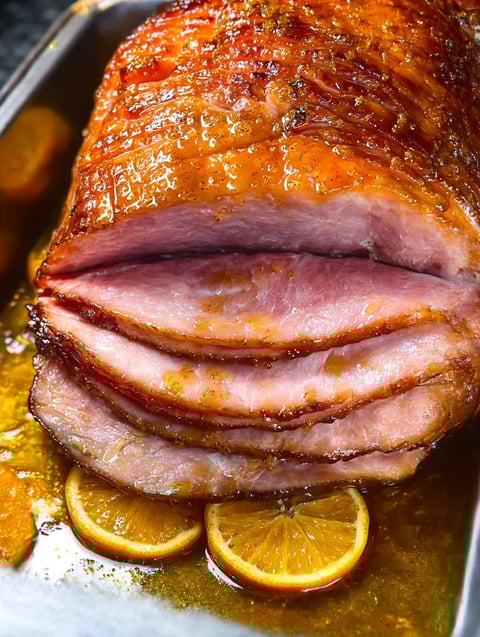 A ham is in a pan with a slice of orange on top.
