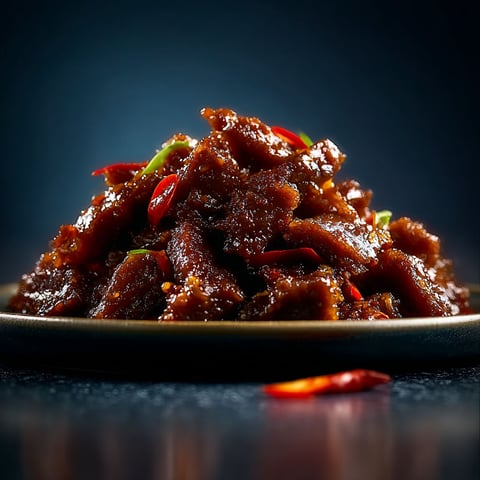 A plate of meat with peppers on top.