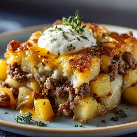 A plate of food with a dollop of sour cream on top.