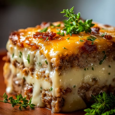 A close up of a cheesy meat dish.