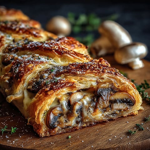 A pastry with mushrooms and cheese on a wooden table.