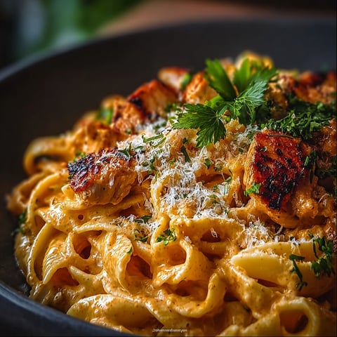 A bowl of pasta with chicken and cheese.