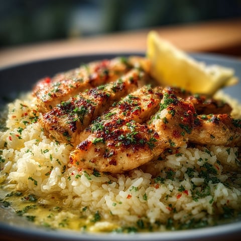 A plate of rice with chicken and lemon.