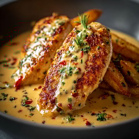 A bowl of food with chicken and potatoes.