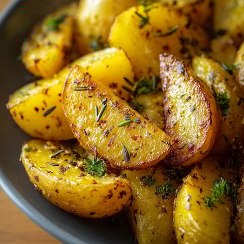 A bowl of roasted potatoes with herbs.