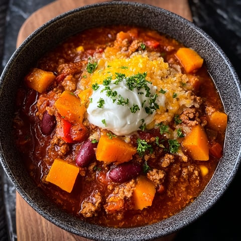 A bowl of chili with a dollop of sour cream on top.