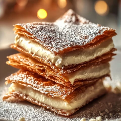 A stack of pastries with powdered sugar on top.