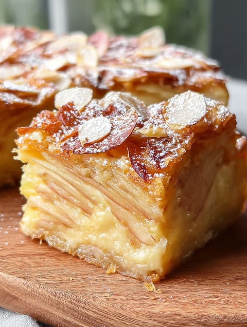 A slice of pie with a powdered sugar topping.