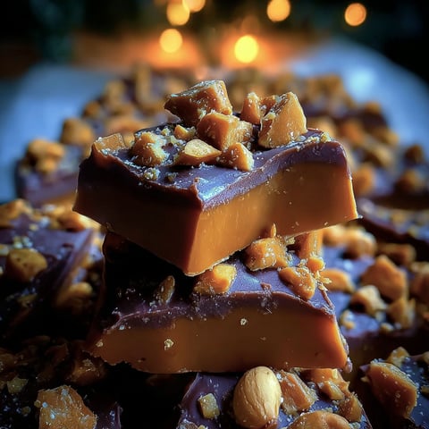 A stack of brownies with nuts on top.