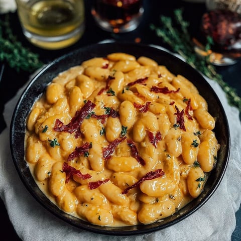 A bowl of macaroni and cheese with red peppers.
