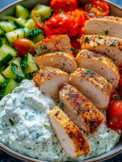A plate of food with chicken, tomatoes, cucumbers, and a dip.