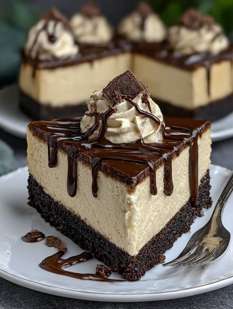 A slice of chocolate cake with a white frosting and a chocolate drizzle.
