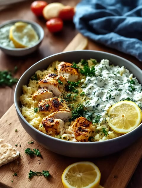 A bowl of rice and chicken with a lemon wedge on the side.
