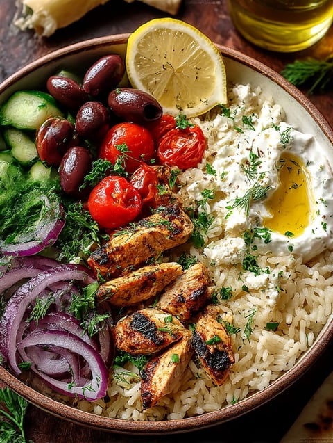 A bowl of food with rice, tomatoes, cucumbers, olives, and chicken.