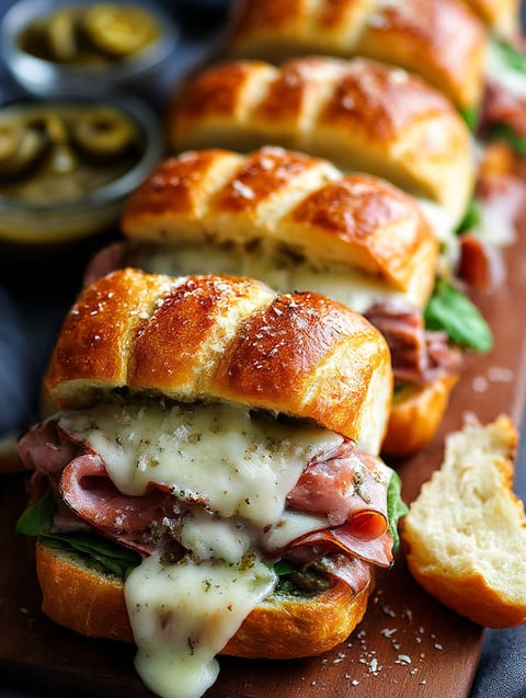 A recipe for a sandwich with meat, cheese, and sauce.