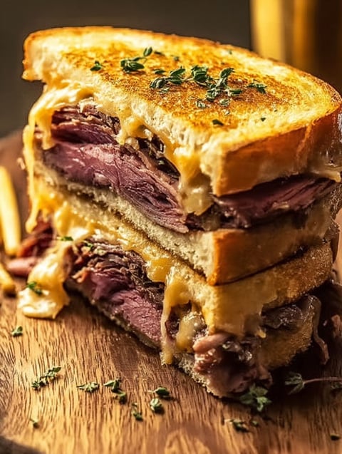 A sandwich with meat and cheese on a wooden table.