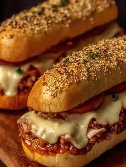 A sandwich with meat and cheese on top.