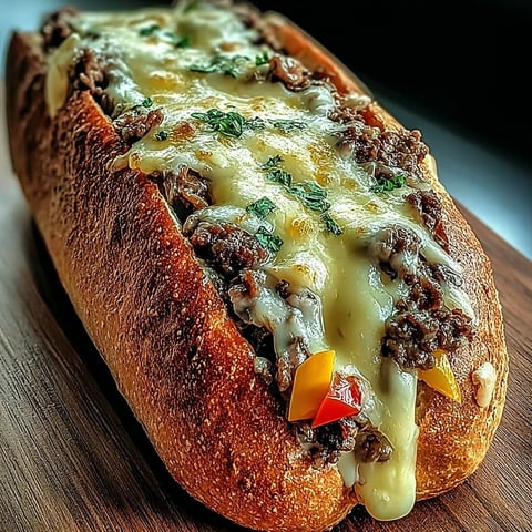 A sandwich with meat and cheese on a wooden table.