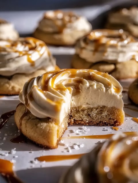 A cookie with a white frosting and caramel drizzle.