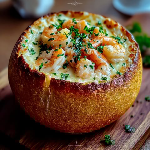 A bowl of shrimp and cheese soup.