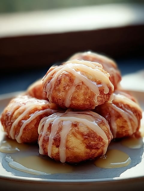 A stack of donuts with glaze dripping off.